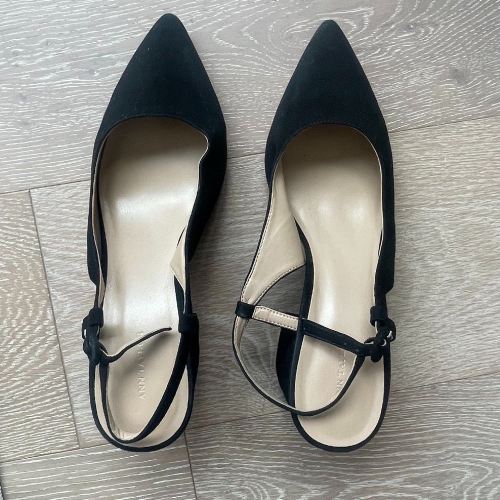 Ann Taylor Black Suede Work Heels, Chunky Heel (Size 9.5)